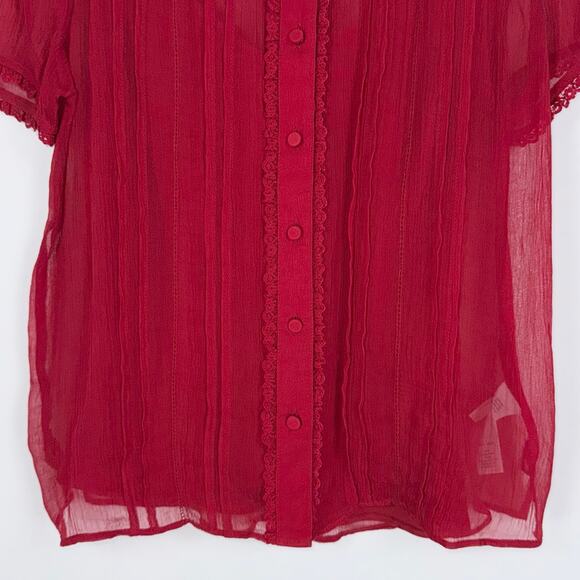 J Crew Women's Sheer Lace Trim Button Up Shirt Size 0 Red Short Sleeve - Picture 5 of 16